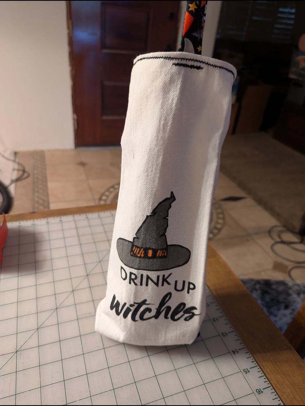 Handmade Canvas White 'Drink Up Witches' Halloween Bottle Carrier